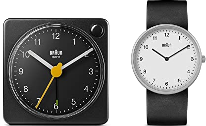 Braun Geschenkset Analog Quarzuhr mit schwarzem Zifferblatt, schwarzem Silikonkautschukband und Zwei Zeigern Classic Reise Analogwecker in Schwarz, Modell BN0231WHBLKG, BC02XB (2er Pack)