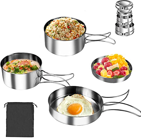 QINERSAW Set Pentole Campeggio In Acciaio Inossidabile Kit Pentole da Campeggio Leggere e Resistenti per Outdoor Stoviglie da Campeggio Set da Cucina e Pentole per Cucinare e Trekking