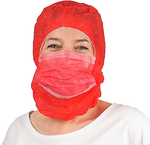 100x ARNOMED® Astro Haube mit 2-lagigem Mundschutz Rot | PP Haarnetz mit angenähter Maske, Kopfhaube mit Gummizug & Face Mask, Krankenschwester & Pflege Zubehör, Kopfschutz Küche