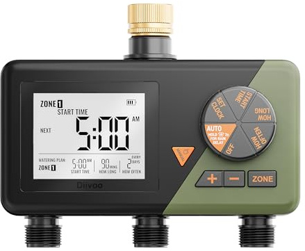 Diivoo Sprinkler Timer 3 Zone, Water Hose Timer 3 Outlet for Garden with Brass Inlets, Programmable Automatic Irrigation Timer with Rain Delay and Manual/Auto Mode Watering for Lawn, Yard, Pool