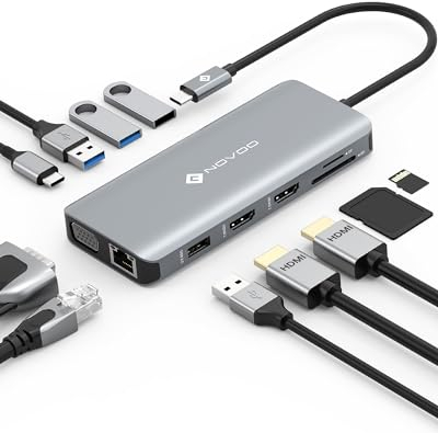 NOVOO Docking Station 11 en 1, Hub USB C Dual HDMI, Puerto USB C a USB x 4, PD 100W, Gigabit Ethernet, Lector de Tarjetas SD/TF, estación de Acoplamiento para MacBook Air Pro HP DELL XPS