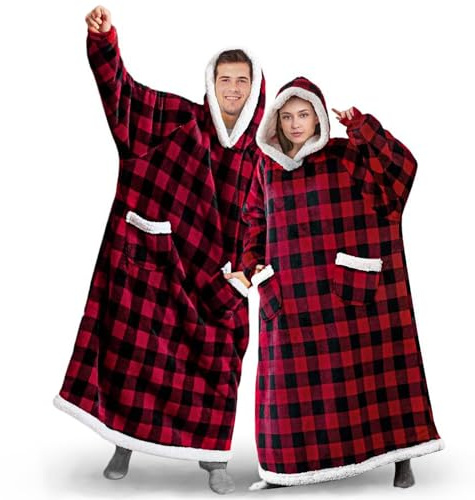 BTONGE Extra Long Oversized Blanket Hoodie, Super Warm Soft Sherpa Fleece Hooded, Comfy Wearable Snuggle Blanket Sweatshirt with Giant Pockets, One Size fits all Men Women Teenagers Red Plaid