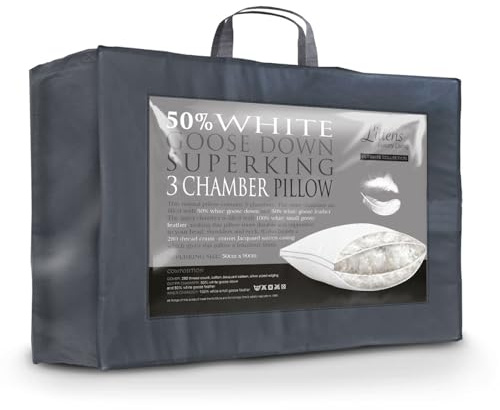 Littens 3 Chamber Super King Size Ultimate 50% White Goose Down & Feather Side Sleeper Pillow 280TC 100% Cotton Jacquard Casing, Down Proof 50cm x 90cm (20 x 36)