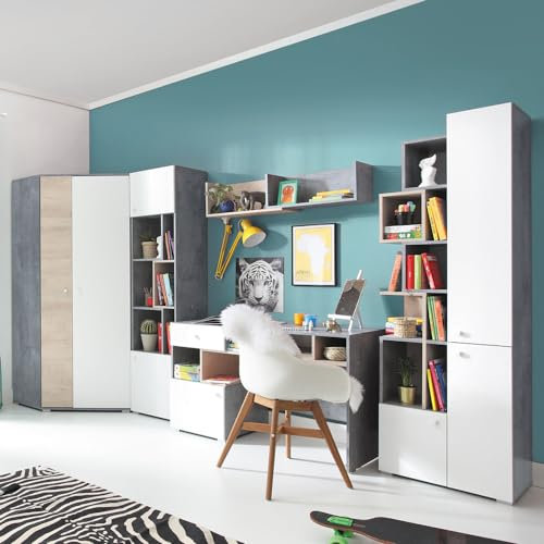 Lomadox Jugendzimmer Set 5-teilig mit Eckkleiderschrank, Regalschrank, Wandregal, Schreibtisch, Regal in Beton weiß Eiche modern