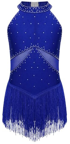 iiniim Vestido de Patinaje sobre Hielo para Niñas Maillot Baile Latino con Flecos y Brillante Pedrería Leotardo Gimnasia sin Mangas Vestido de Baile Salsa Cha Cha Azul A 11-12 años
