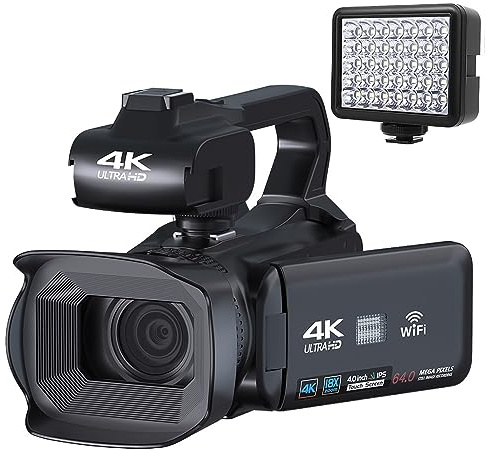 nmbhus 18X Zoom 4K Camcorder Fotocamera Digitale for Fotografia Live Streaming Schermo da 4 Pollici WiFi Webcam Videocamera da 64 MP Registratore(32G SD Card,with Light)