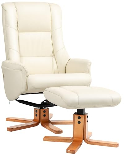 HOMCOM Relaxsessel mit Hocker, Fernsehsessel mit Liegefunktion, Wippfunktion TV Sessel für Wohnzimmer, Schlafzimmer, Kunstleder, Cremeweiß