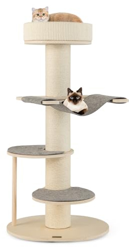 COSTWAY Arbre à Chat 120 cm, Tour pour Chat Interieur à 4 Étages, Poteaux à Griffer en Sisal ɸ14.5 cm, 3 Plateformes, Hamac, Large Base, Coussin Amovible, Charge Max 20 kg, Naturel