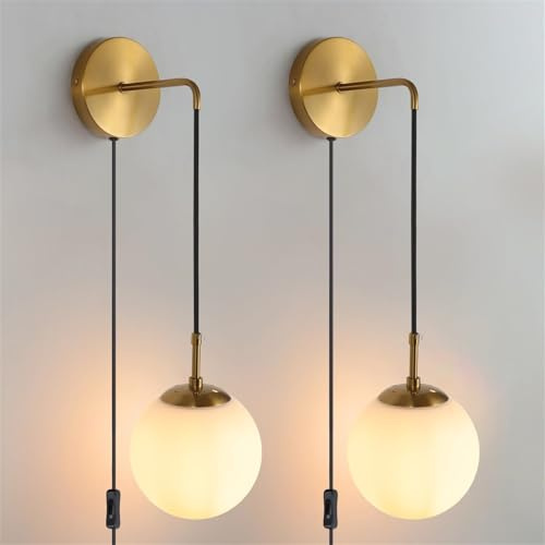 ITETONE Wall Sconces Set of Two Plug Wall Lamp with Plug in Cord Switch Hanging Indoor Wall Mounted Lights with Globe Glass Shade Black Gold Wall Lighting Fixture Bedroom Living Room (Gold)