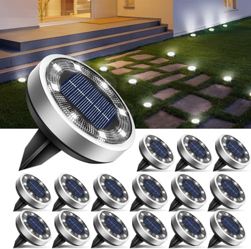 btfarm 16 Piezas Luces Solares LED Exterior Jardin Suelo, 8 LED Luces Solar | Luz Solar Exterior Jardin, IP65 Impermeable Lamparas Solares Suelo Camino, Césped, Patio, Terraza (Blanco Frío)