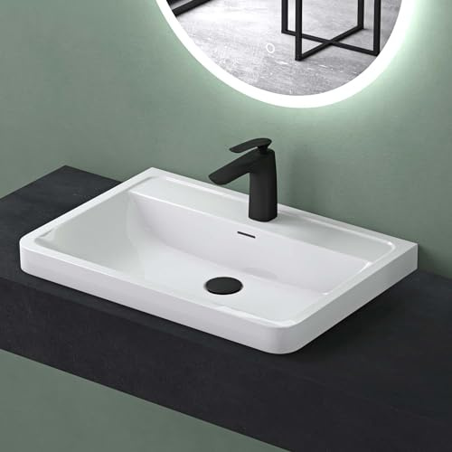 Mai & Mai Lavabo da Appoggio in Marmo fuso 60x42x13cm, Colossum08 | Lavandino Bagno, Lavabo con Rialzo, Bianco Lucido, Stampaggio Monopezzo, Nano-rivestimento, Bordi Sottili