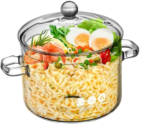 Garneck Olla de vidrio transparente de alta calidad con tapa y doble asa resistente al calor para alimentos para bebés, sopa de verduras y fideos instantáneos para cocinar de forma segura en casa