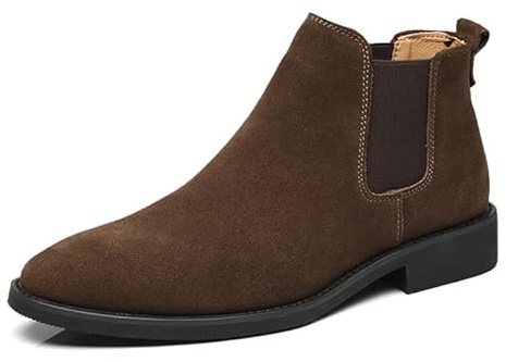 BXCZEDW Bottines Chelsea pour homme en daim élastique à enfiler, doublure en peluche, confortables et chaudes en cuir de vache (3-marron, 43 EU)