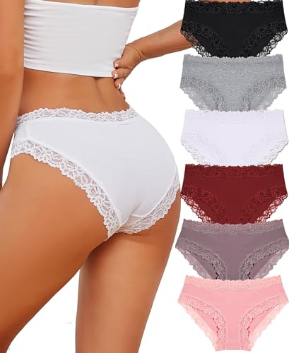 ALL OF SHE 6 Pezzi di Biancheria Intima da Donna in Cotone Brasiliano, Slip in Pizzo Morbido Hipster Sexy Panties Mutande da Donna morbide, Taglie Confezione,XL