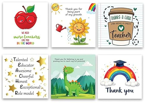 Papa Prints 6 Stück Kinder Dankeskarten Multipack Lehrer (100 x 100 mm) Dankeschön Kindergarten Lehrer Karte Grußkarten Multipack für Kindergarten, Lehrassistent mit Umschlag