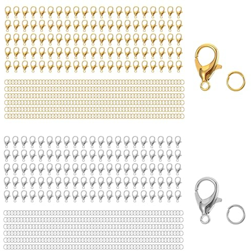 Tyqour 200 Stück Kettenverschluss Gold Silber Armband Verschluss 12mm mit 500 Biegeringe 5mm,Ketten Verschlüsse für Armbänder,Schmuckverschluss,Karabinerverschluss, Verschlüsse für Schmuckherstellung