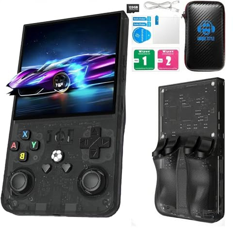 R36MAX Retro Handheld Game Console,Retro Gaming Console with 18000+ Games 128GB Card,4 Inch IPS Screen, Portable Video Gaming, Plug and Play Gameboy for Adults(Gray and Black)