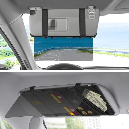 Polarized Sun Visor for Car with Organizer, Upgraded Adjustable Visor Extension, Handmade PU Leather Universal Sun Visor Extender Protects from Sun Glare, UV Rays, Snow Blindness
