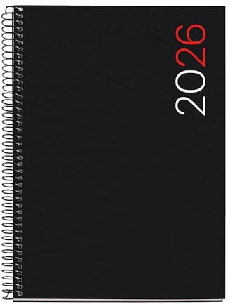 Miquelrius - Agenda 2026 semana vista, Similar A5+ (155 x 213 mm), Cubierta flexible polipropileno, Espiral, Papel 80 g/m², Planificador semanal, Catalán-EN-PT, Color rojo