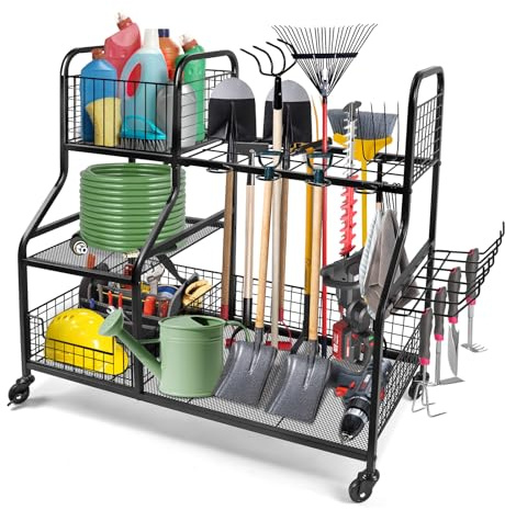 Kalolary Organisateur d'outils de jardin en métal - Chariot de rangement multifonction pour abri de jardin, garage, cour, cave et pelouse