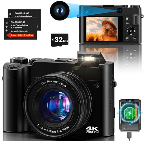 Appareil Photo Numérique 4K 64MP Autofocus Vlogging Caméra pour Youtube avec Carte SD, Double Caméra Avant et Arrière avec Zoom Numérique 16X Anti-secousse, 2 Piles pour Adolescents, Débutants