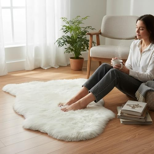 Infinity Leather Alfombra de Piel de Oveja de Lujo, 100% Lana Real Natural, Suave, Sedosa y esponjosa. Manta para Dormitorio, sofá o Suelo Muy cálida, Transpirable y Decorativa (90 x 60 cm) (Marfil)
