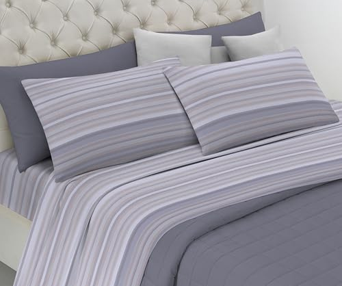 Riad Arredo Set Completo Letto in Flanella 100% Caldo Cotone Antipalline - Completo Lenzuola Morbide - Made In Italy (Stripe Grigio, Matrimoniale)
