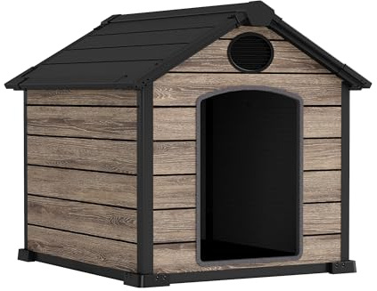 Hoggar - Caseta Perros Exterior - 102x115x105cm - Suelo Incluido - 2 Respiraderos de Ventilación - Protección UV e Impermeable – Efecto Madera - Casa para Mascotas Oak O10 de Resina