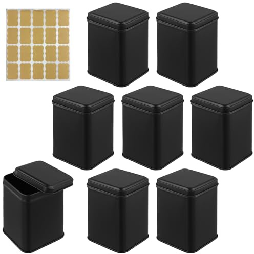 8 Stück Teedose Eckig Metall, 7x7x10cm Teedosen Schwarz Inkl 20 Etiketten | CHIHEUNG Vorratsdosen mit aromadichtem Deckel für 50-100g losen Tee und Gewürzdose