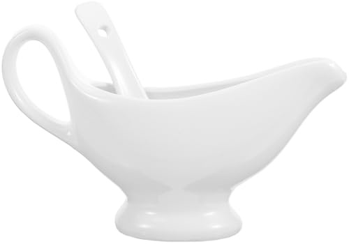 175ml Salsiera Profondo Anti Goccia in Ceramica Bianca con Mestolo | Sughi e Salse, Servizio a Tavola, Design a Versamento, Set con Cucchiaio Incluso