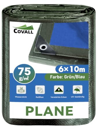 COVALL Telo impermeabile esterno 6mx10m,75g/㎡ con protezione UV Telone blu | Resistente ai raggi UV e allo strappo,occhielli metallici antiruggine,multiuso per auto,giardino,campeggio