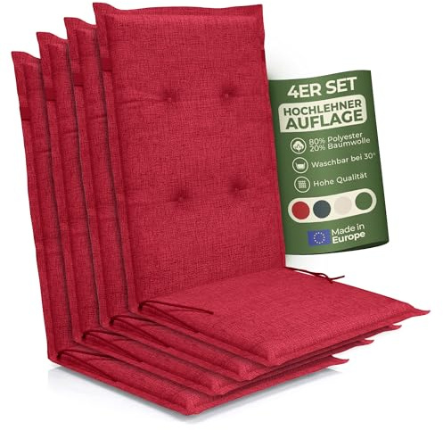 Petsation Florence Hochlehner Auflage – Gartenstuhlauflage Hochlehner mit Schaumstoff Polster, Outdoor Kissen & Stuhlkissen für Gartenstuhl, Sitzkissen Stuhl & Sitzkissen Bank, Outdoor (4, rot)