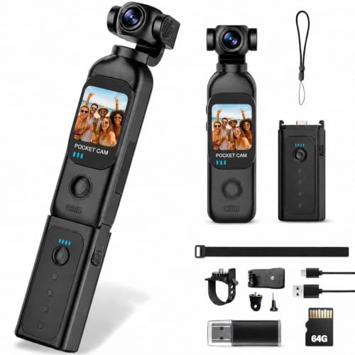TOSBARRFT Caméra Vlog, Caméra Portable avec Écran Tactile, Carte 64 Go | Jusqu’à 14 h avec poignée de charge, face caméra/vue avant, Wi-Fi, kit prêt à l’emploi pour voyage, marche, ville et vélo