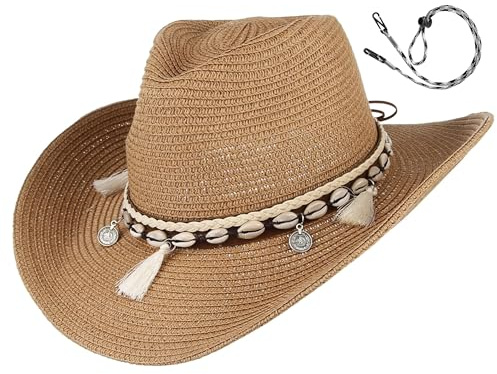 GEMVIE Women's Summer Straw Cowboy Cowgirl Hat Sun Hats Wide Brim Beach Holiday Straw Hat with Shell Band