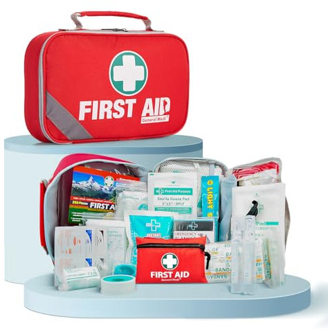 General Medi Trousse de premiers soins (215 pièces) + mini trousse de premiers soins de 43 pièces en prime pour la maison, la voiture, le camping, le bureau, le bateau et les voyages (Rouge)