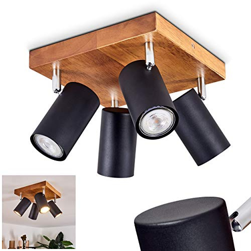 HOFSTEIN Deckenleuchte Zuoz, verstellbare Deckenlampe aus Metall/Holz in Schwarz/Naturfarben, Leuchte im Retro/Vintage-Design mit Holzbalken, 4 x GU10, Wohnzimmer, Esszimmer, Schlafzimmer, Küche