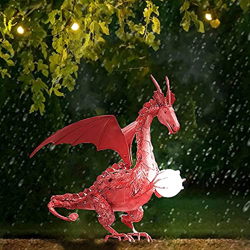 Statue de jardin, dragon volant tenant une boule en résine, décoration de jardin, statue de dragon avec boule d'imitation solaire, décoration de jardin, décoration de jardin créative (rouge)