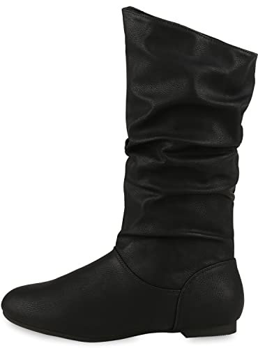 VAN HILL Damen Schlupfstiefel Warm Gefütterte Stiefel Basic Wildleder-Optik Schuhe Flache Slouch Boots 610615 Schwarz 40