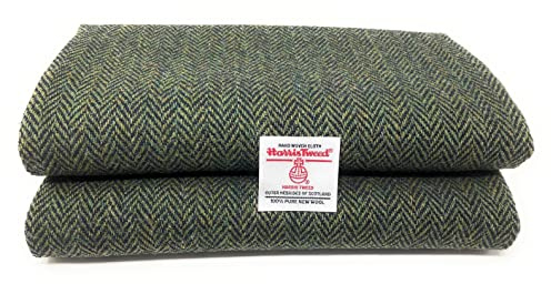 Traditioneller Harris-Tweed-Stoff, Fischgrätenmuster, 100 x 150 cm, Grün und Marineblau | Reine Wolle, Echtheitsetiketten