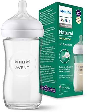 Philips Avent Natural Response Glass Baby Bottle - 240ml Baby Milk Bottle, BPA Free for Newbown Babies 1 Month+ (Model SCY933/01)