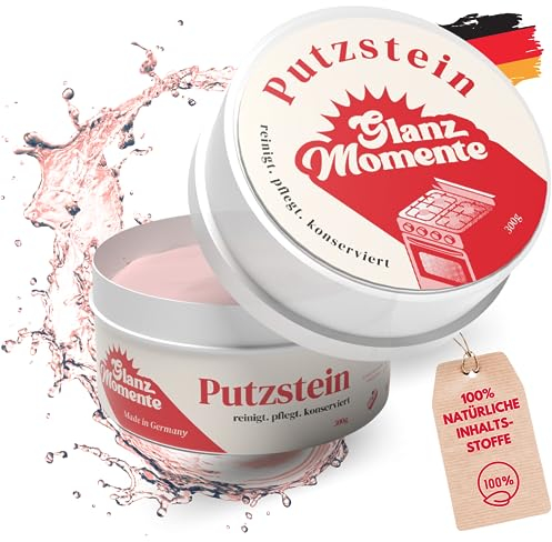 GLANZMOMENTE ® Putzstein – 300 g – con spugna a mano – pietra universale – detergente universale – per cucina, bagno, finestre, WC e altro ancora – Made in Germany
