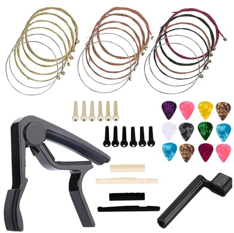 48 PCS Guitar Accessories Kit, Acoustic Guitar Changing Tool, Including Strings, Picks, Capo, String Winder, Bridge Pins, Pin Puller, for Guitar Players and Beginners