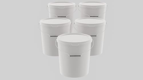 MARMOS-PLAST 5 x 20 Liter Eimer Set Weiß Kunststoffeimer mit Deckel stapelbarer Milch-/Vorratseimer Honigeimer Behälter Lebensmittelfreigabe Lebensmittelechte Leereimer für Mehl Wassereimer