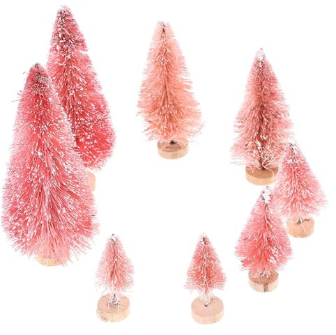 TOYANDONA 8pcs Bottle Brush Christmas Trees Pink Mini Christmas Trees Small Mini Pine Trees Desktop Miniature with Snow and Wooden Base
