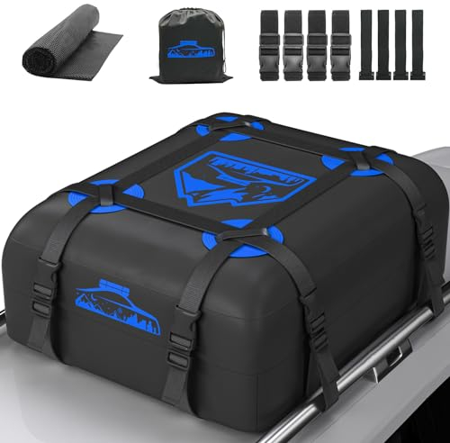 Rymopuey Dachbox Faltbar 15 Cubic/425 L, 700D Wasserdicht Dachbox Auto, Dachbox mit Anti-Rutsch-Matte und 6 Schwerlastgurten, Faltbare Weich Dachtasche Auto für Autos mit/ohne Gepäckträger(Blau)