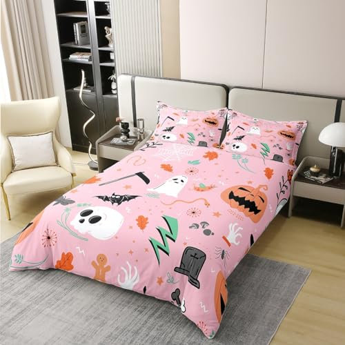 richhome Halloween Thema 100% Bio-Baumwolle Tröster Bezug Geist Schädel Fledermaus Bettbezug Set 200x200 für Schlafzimmer Rosa Bettwäsche Set mit 2 Kissenbezügen