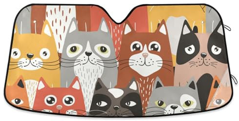 ZRWLUCKY Lustiger Auto-Sonnenschutz mit Cartoon-Katzen-Motiv, faltbar, UV-Visier, hält das Fahrzeug kühl, Auto-Sonnenschutz, Blöcke für SUV, Jeep, LKW, 134,6 x 59,7 cm (klein)