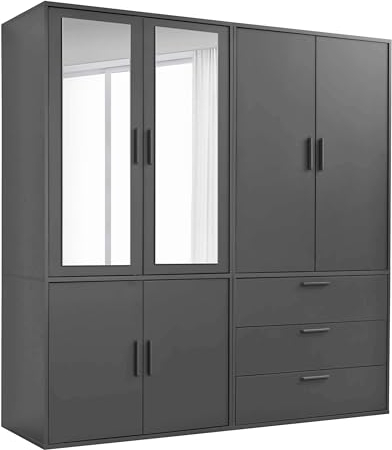 mokebo Kleiderschrank mit Spiegeltüren 6-türig & 3 Schubladen 'Der Grenzenlose', Spiegelschrank, Schlafzimmerschrank, Garderobenschrank mit Spiegel in Schwarz, Schrank aus Holz in 180x187x58 (BxHxT)