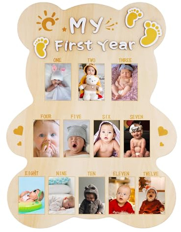 NQEUEPN My First Year Cadre Photo en Forme d'Ours Découpé, Cadre Photo Bébé Planche Bois Personnalisé 12 Mois Affichage Photo Bébé Cadeau Souvenir 1er Anniversaire pour Garçon Fille Chambre d'Enfant