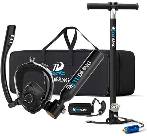 Kit de Tanque de Buceo TUDIVING de 0.5L, Mini Cilindro de oxígeno con máscara de Snorkel Facial Completa, Tanque pulmonar portátil con compresor de Aire (S200Plus Black-A1)